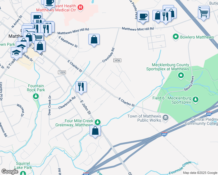 map of restaurants, bars, coffee shops, grocery stores, and more near 324 Amir Circle in Matthews
