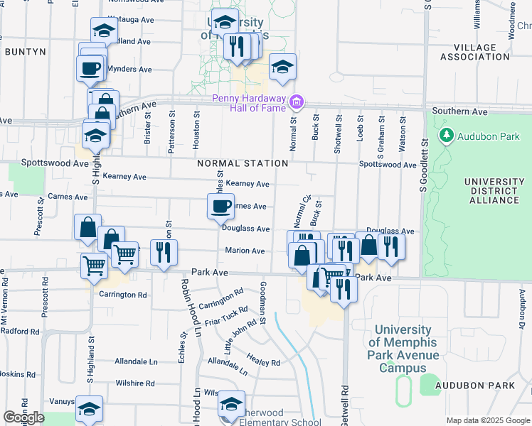 map of restaurants, bars, coffee shops, grocery stores, and more near 3805 Carnes Avenue in Memphis