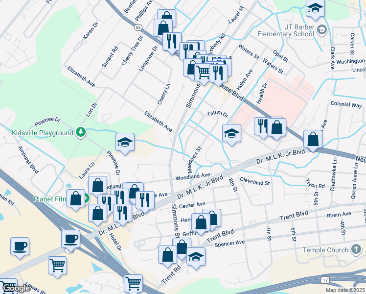 map of restaurants, bars, coffee shops, grocery stores, and more near 913 Tatum Drive in New Bern