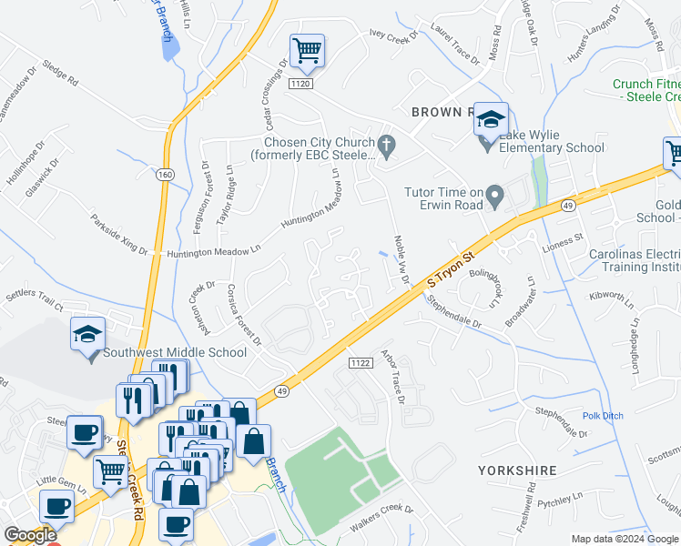 map of restaurants, bars, coffee shops, grocery stores, and more near 12924 Sickles Drive in Charlotte