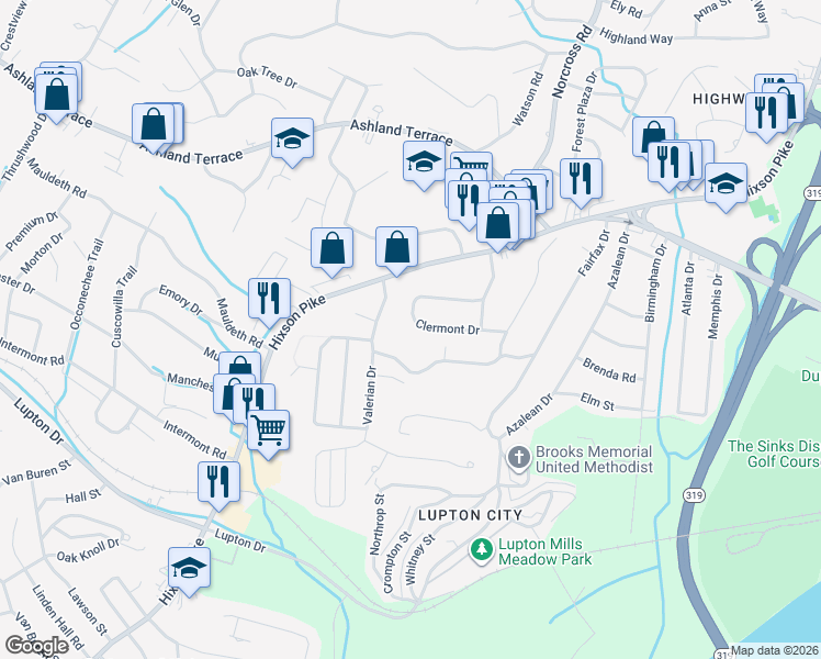 map of restaurants, bars, coffee shops, grocery stores, and more near 1204 Clermont Drive in Chattanooga