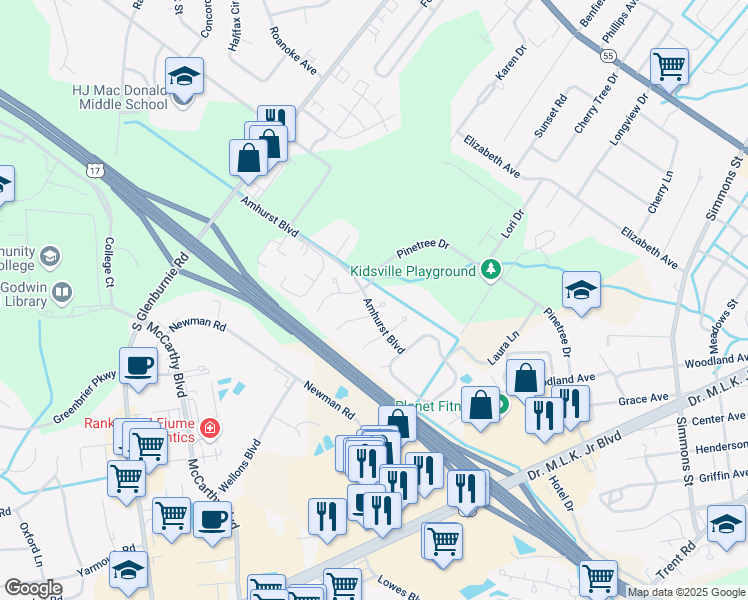 map of restaurants, bars, coffee shops, grocery stores, and more near Amhurst Boulevard in New Bern