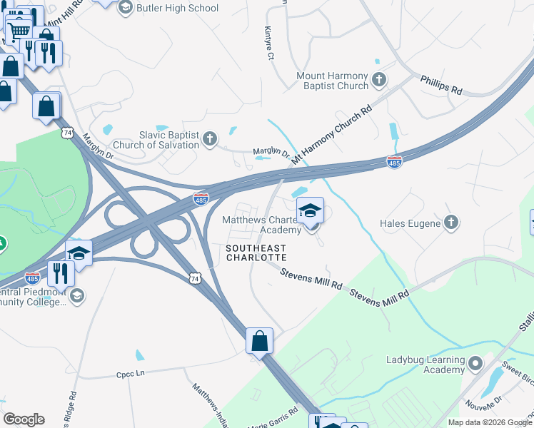 map of restaurants, bars, coffee shops, grocery stores, and more near 2307 Mount Harmony Church Road in Matthews