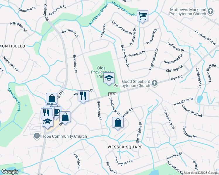 map of restaurants, bars, coffee shops, grocery stores, and more near 3800 Rea Road in Charlotte