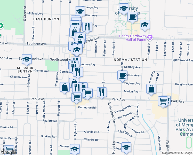 map of restaurants, bars, coffee shops, grocery stores, and more near 3577 Clayphil Avenue in Memphis