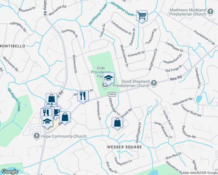 map of restaurants, bars, coffee shops, grocery stores, and more near 3800 Rea Road in Charlotte
