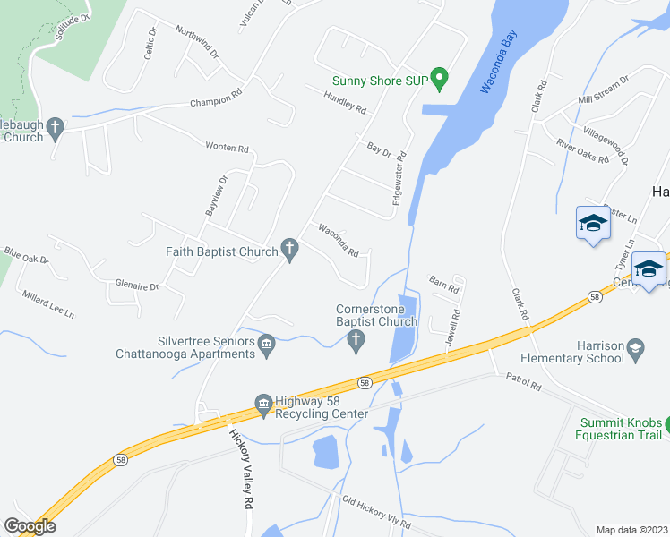 map of restaurants, bars, coffee shops, grocery stores, and more near 9004 Waconda Shore Drive in Chattanooga