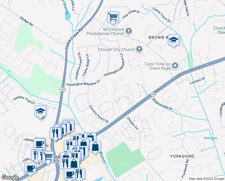 map of restaurants, bars, coffee shops, grocery stores, and more near 13821 Tranters Creek Lane in Charlotte