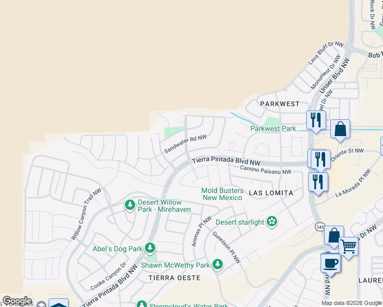 map of restaurants, bars, coffee shops, grocery stores, and more near 8716 Warm Springs Road Northwest in Albuquerque