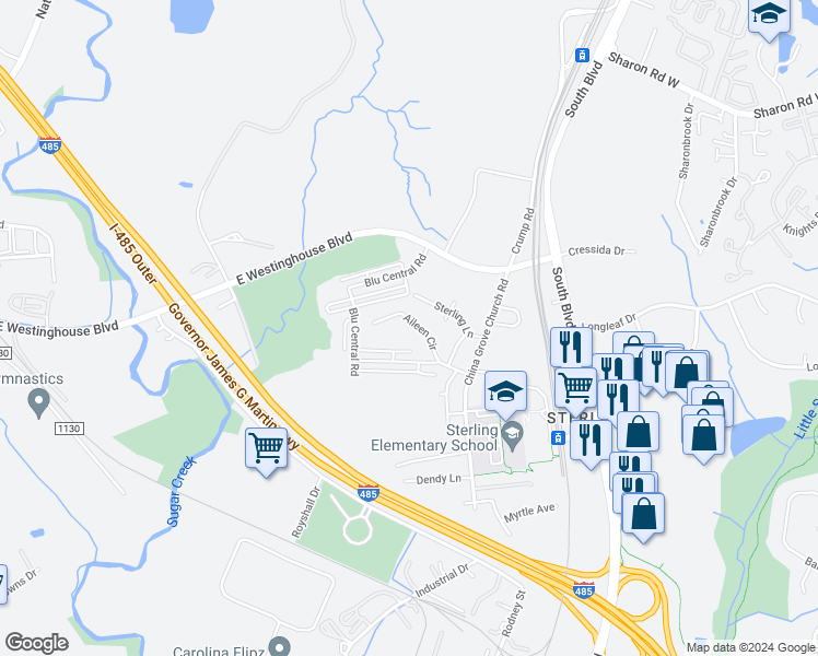 map of restaurants, bars, coffee shops, grocery stores, and more near 912 Aileen Circle in Pineville