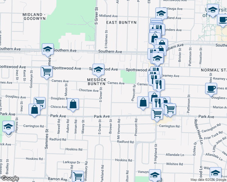 map of restaurants, bars, coffee shops, grocery stores, and more near 780 Brower Street in Memphis