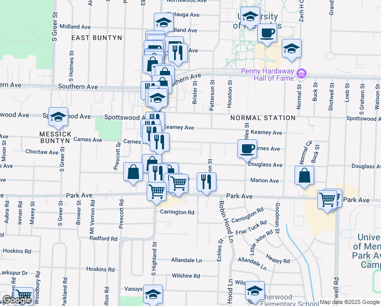 map of restaurants, bars, coffee shops, grocery stores, and more near 3577 Clayphil Avenue in Memphis