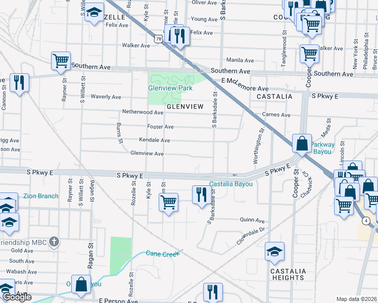 map of restaurants, bars, coffee shops, grocery stores, and more near 1830 Glenview Avenue in Memphis