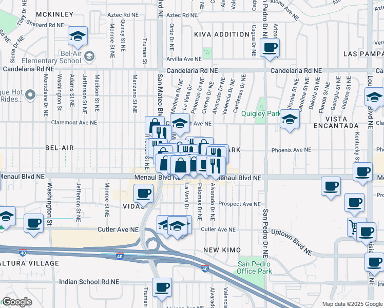 map of restaurants, bars, coffee shops, grocery stores, and more near 5400 Phoenix Avenue Northeast in Albuquerque