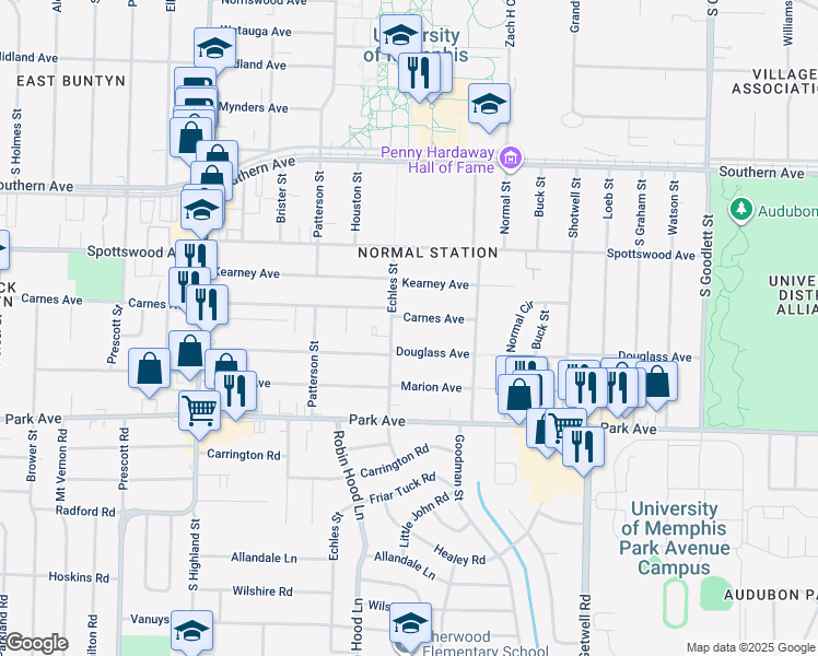 map of restaurants, bars, coffee shops, grocery stores, and more near 3741 Carnes Avenue in Memphis