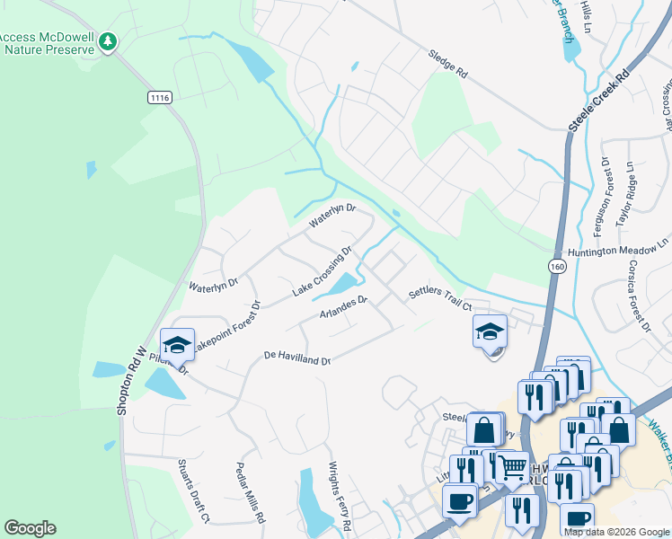 map of restaurants, bars, coffee shops, grocery stores, and more near 14305 Lake Crossing Drive in Charlotte