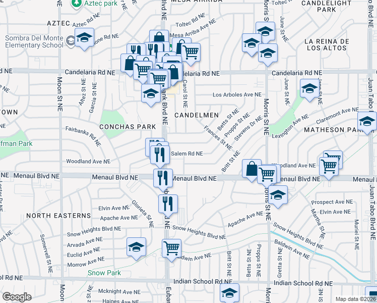 map of restaurants, bars, coffee shops, grocery stores, and more near 9800 Salem Road Northeast in Albuquerque