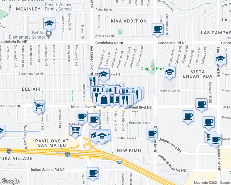 map of restaurants, bars, coffee shops, grocery stores, and more near 5410 Phoenix Avenue Northeast in Albuquerque