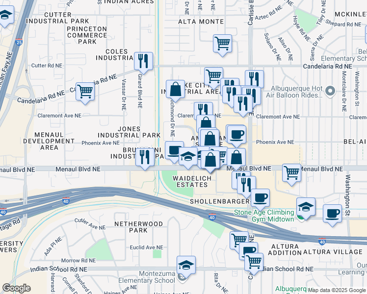 map of restaurants, bars, coffee shops, grocery stores, and more near 3301 Menaul Boulevard Northeast in Albuquerque