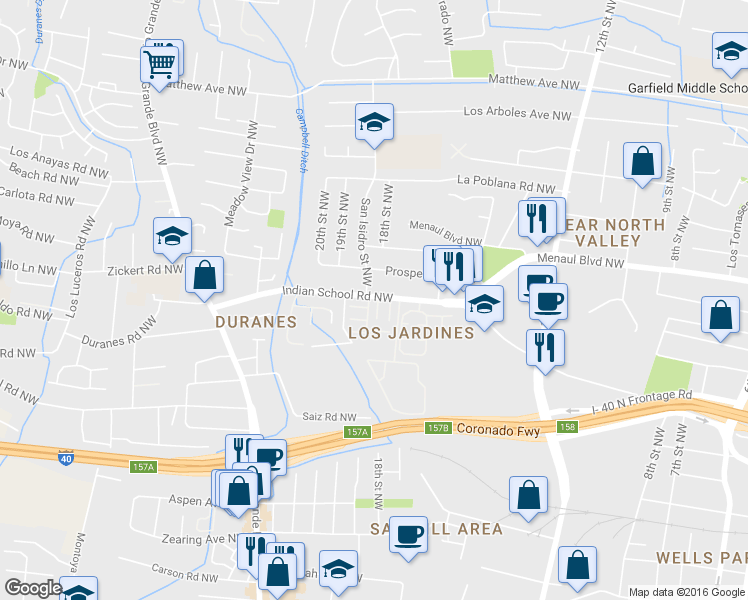 map of restaurants, bars, coffee shops, grocery stores, and more near 1800 Indian School Road Northwest in Albuquerque