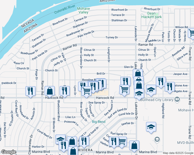 map of restaurants, bars, coffee shops, grocery stores, and more near 827 Baseline Road in Bullhead City