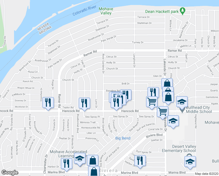 map of restaurants, bars, coffee shops, grocery stores, and more near 793 Baseline Road in Bullhead City