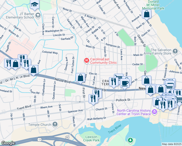 map of restaurants, bars, coffee shops, grocery stores, and more near 621 1st Avenue in New Bern