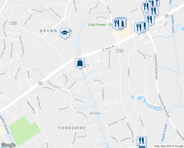 map of restaurants, bars, coffee shops, grocery stores, and more near 14723 Lions Paw Street in Charlotte