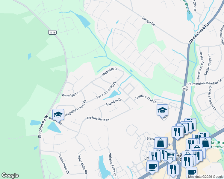 map of restaurants, bars, coffee shops, grocery stores, and more near 14305 Lake Crossing Drive in Charlotte