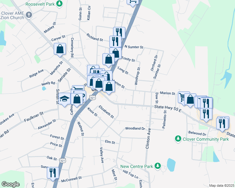 map of restaurants, bars, coffee shops, grocery stores, and more near 203 Bethel Street in Clover