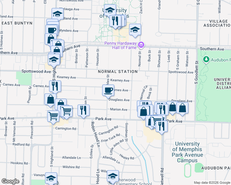 map of restaurants, bars, coffee shops, grocery stores, and more near 3755 Carnes Avenue in Memphis