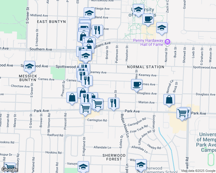 map of restaurants, bars, coffee shops, grocery stores, and more near 3577 Clayphil Avenue in Memphis