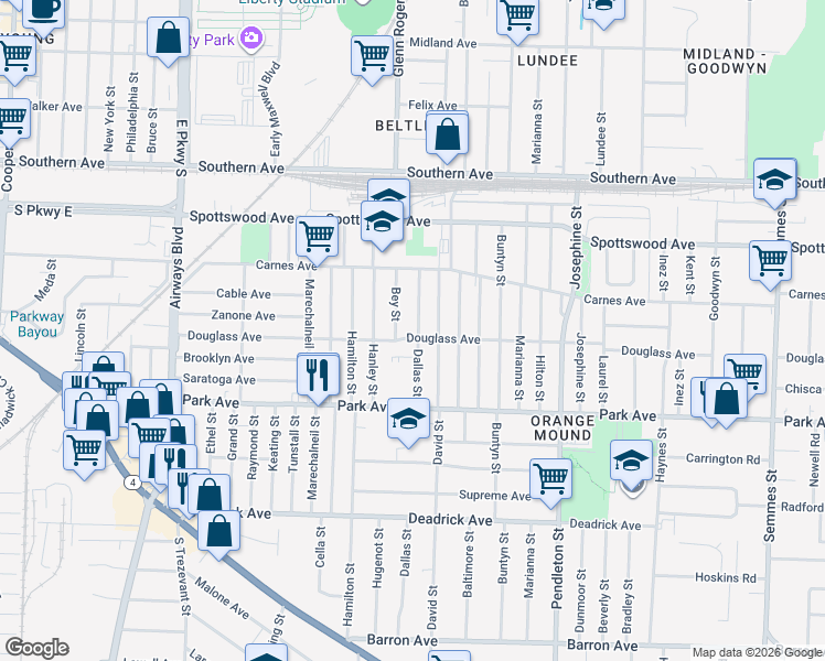 map of restaurants, bars, coffee shops, grocery stores, and more near 788 Bey Street in Memphis