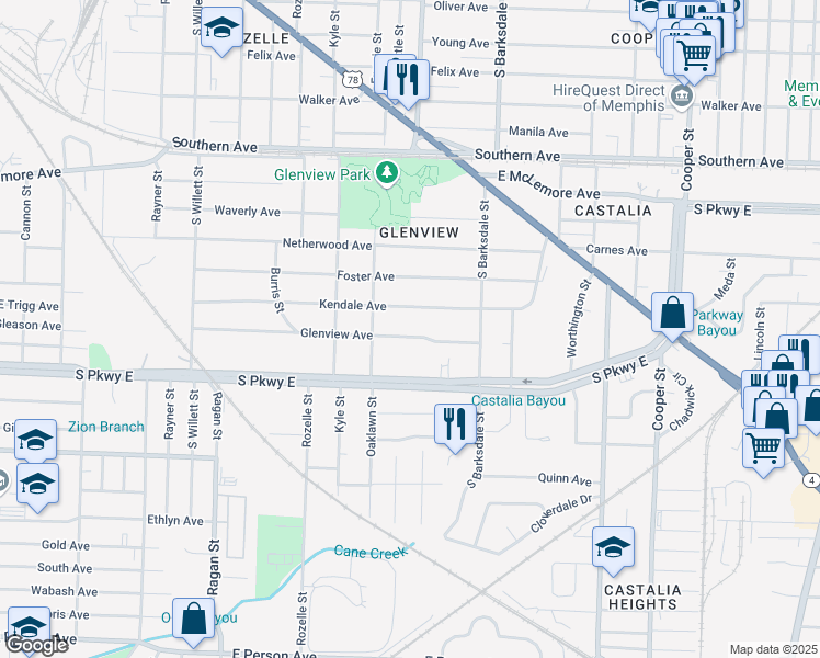 map of restaurants, bars, coffee shops, grocery stores, and more near 1830 Glenview Avenue in Memphis
