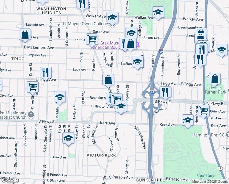 map of restaurants, bars, coffee shops, grocery stores, and more near 1332 Mississippi Boulevard in Memphis