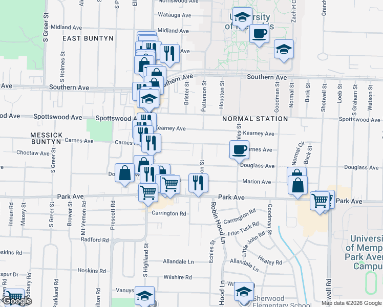 map of restaurants, bars, coffee shops, grocery stores, and more near 3577 Clayphil Avenue in Memphis