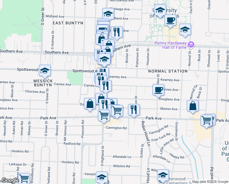 map of restaurants, bars, coffee shops, grocery stores, and more near 3537 Clayphil Avenue in Memphis