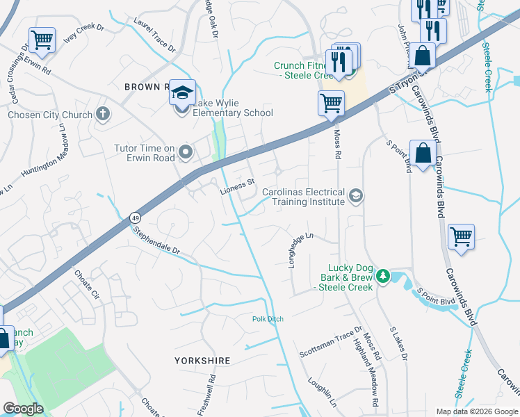 map of restaurants, bars, coffee shops, grocery stores, and more near 14723 Lions Paw Street in Charlotte