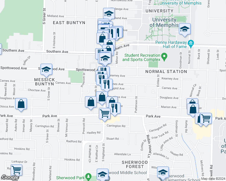 map of restaurants, bars, coffee shops, grocery stores, and more near 3527 Clayphil Avenue in Memphis