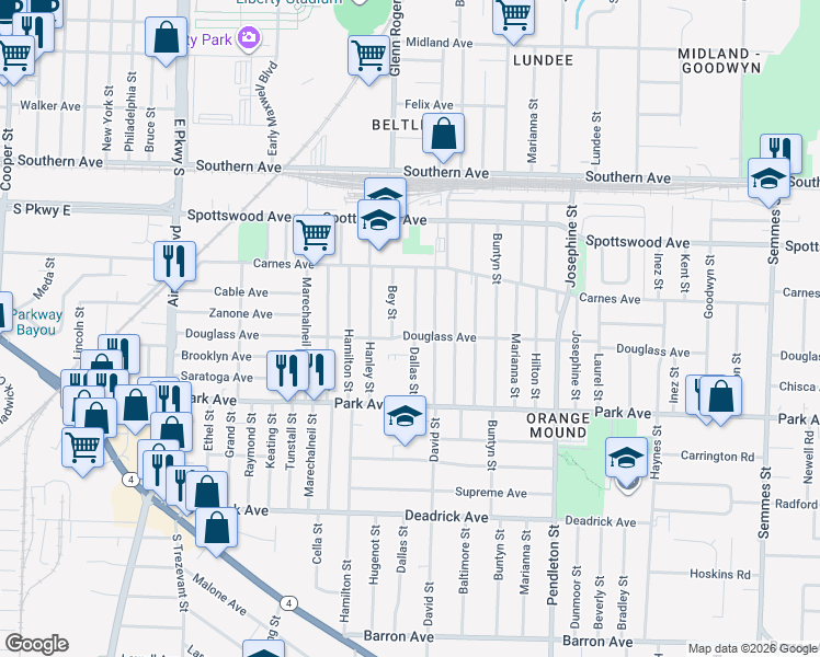 map of restaurants, bars, coffee shops, grocery stores, and more near 788 Bey Street in Memphis