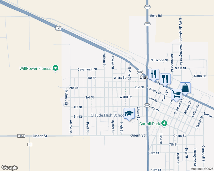 map of restaurants, bars, coffee shops, grocery stores, and more near 101-199 Wilson Street in Claude