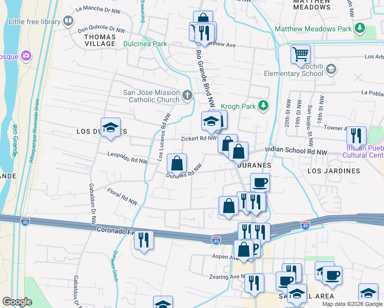 map of restaurants, bars, coffee shops, grocery stores, and more near 2436 Zickert Road Northwest in Albuquerque