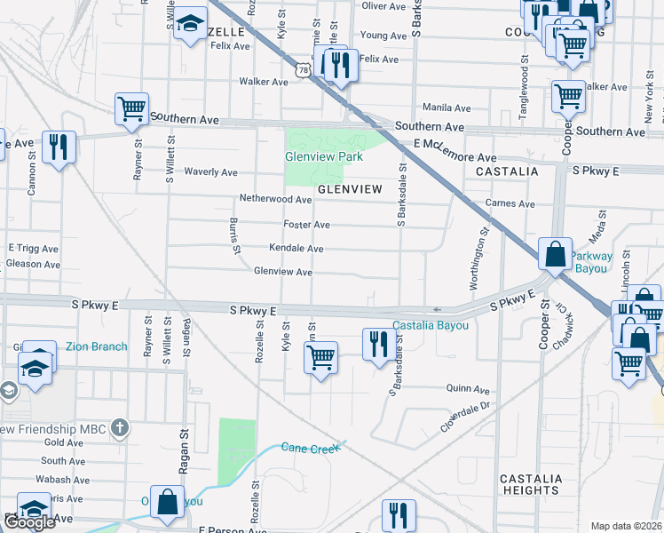 map of restaurants, bars, coffee shops, grocery stores, and more near 1788 Glenview Avenue in Memphis