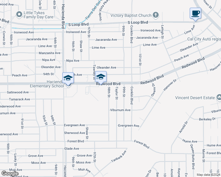 map of restaurants, bars, coffee shops, grocery stores, and more near Redwood Boulevard in California City