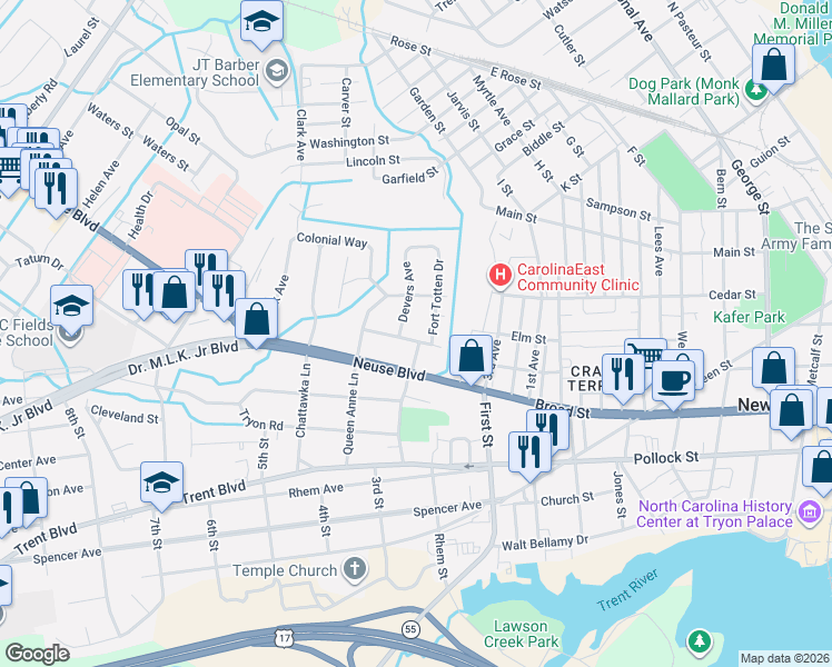 map of restaurants, bars, coffee shops, grocery stores, and more near 1404 McArthur Avenue in New Bern