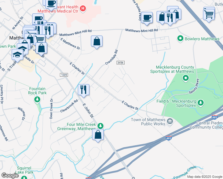 map of restaurants, bars, coffee shops, grocery stores, and more near 320 Amir Circle in Matthews