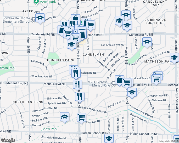 map of restaurants, bars, coffee shops, grocery stores, and more near 9800 Salem Road Northeast in Albuquerque