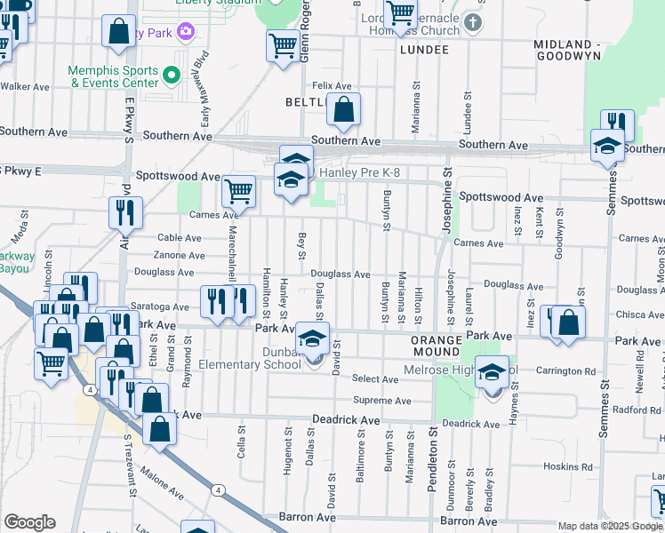 map of restaurants, bars, coffee shops, grocery stores, and more near 787 David Street in Memphis