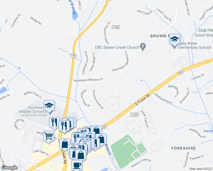 map of restaurants, bars, coffee shops, grocery stores, and more near 13626 Armour Ridge Drive in Charlotte