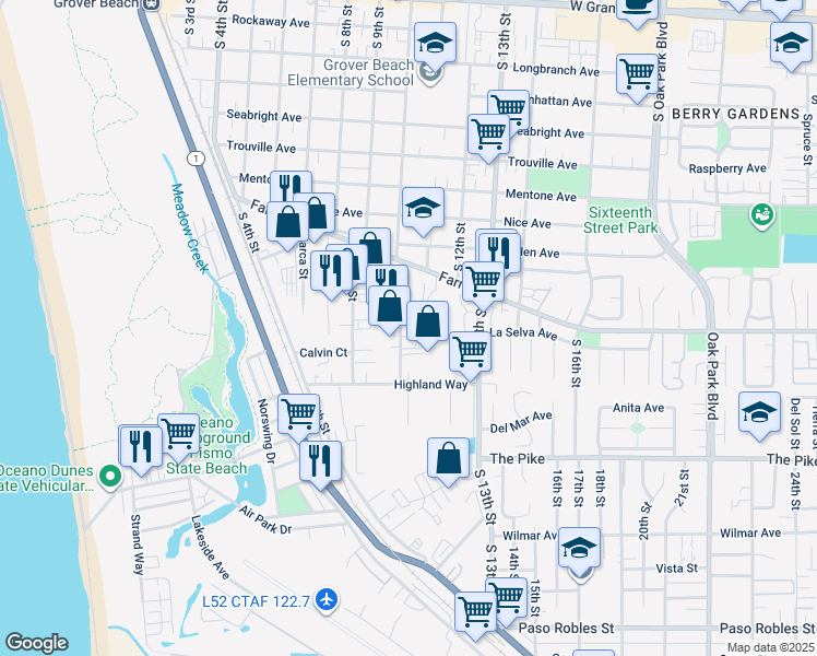 map of restaurants, bars, coffee shops, grocery stores, and more near 985 Huston Street in Grover Beach